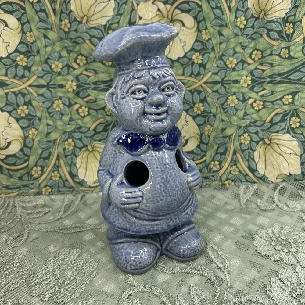 Vintage Chef Utensils Holder Ceramic Blue Pottery Kitschy Kitchen Decor Funky
